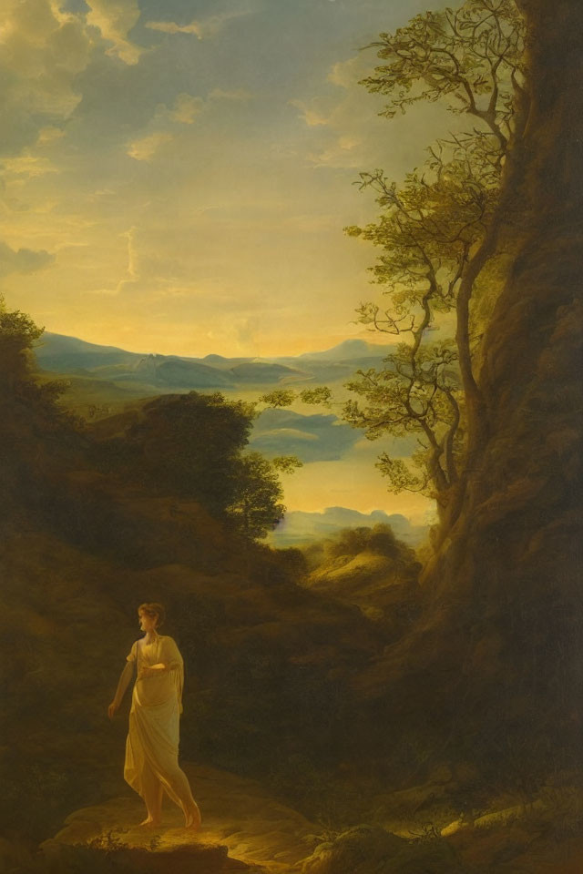 Tranquil landscape painting of person on mountain path at sunset