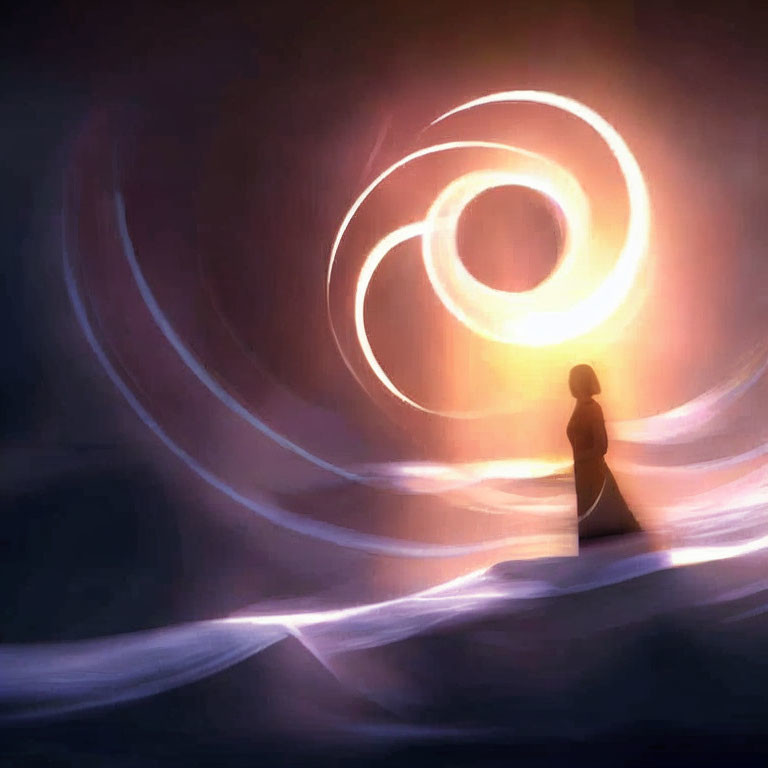 Silhouette in front of swirling light vortex on dreamlike landscape