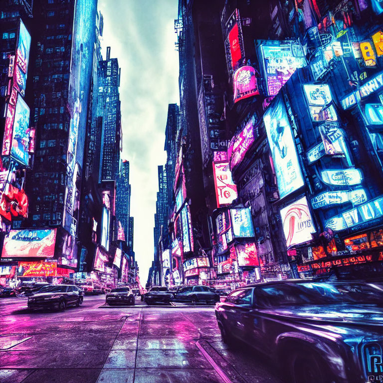 Vibrant neon-lit urban street scene at dusk with billboards and cars under purplish