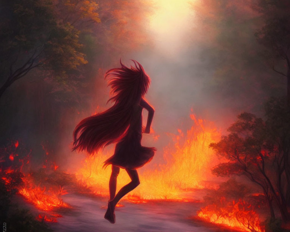 Girl running through misty forest with flowing hair and small fires.