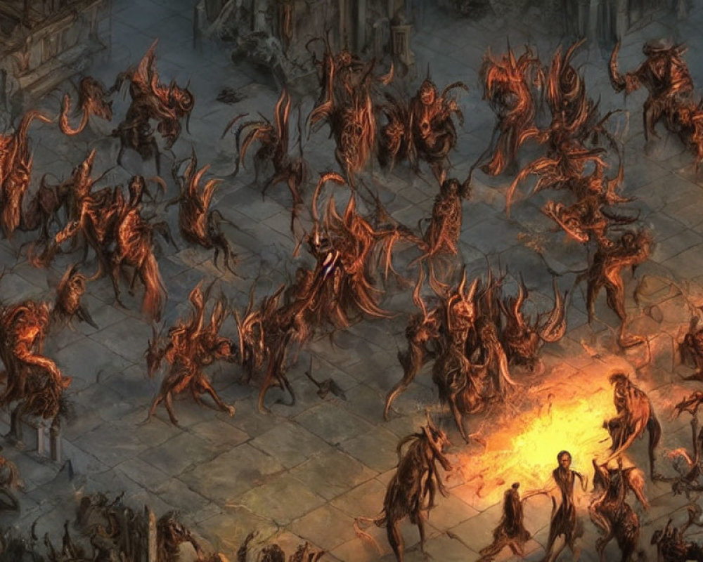 Illustrated demonic creatures in fiery pit amidst desolate ruins