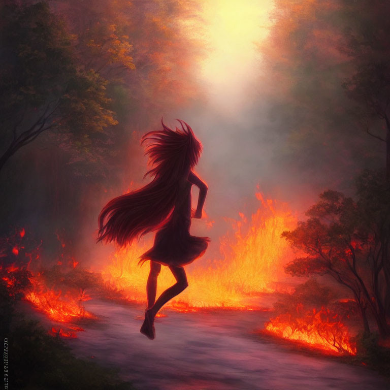 Girl running through misty forest with flowing hair and small fires.