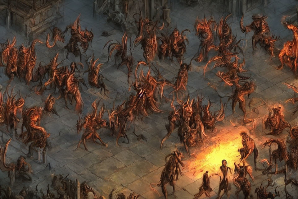 Illustrated demonic creatures in fiery pit amidst desolate ruins