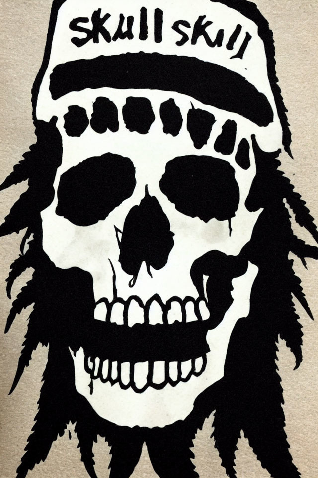 Monochrome skull drawing with "SKULL" text, styled as pirate or band logo