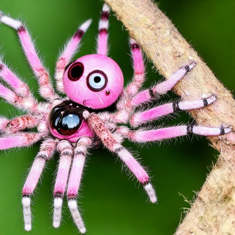 Pink Spider with Cartoonish Eyes Perched on Twig Green Background