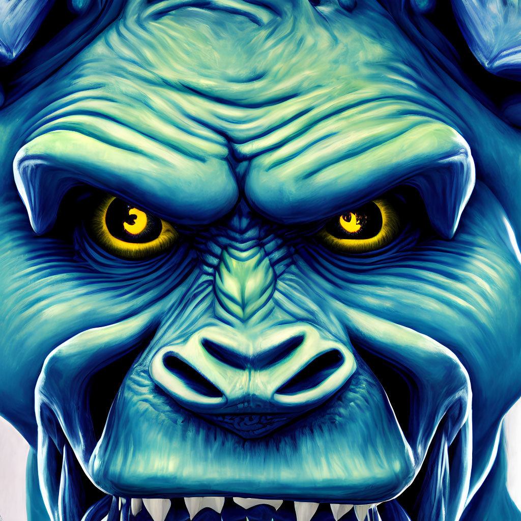 Vivid depiction of snarling blue beast with sharp teeth.