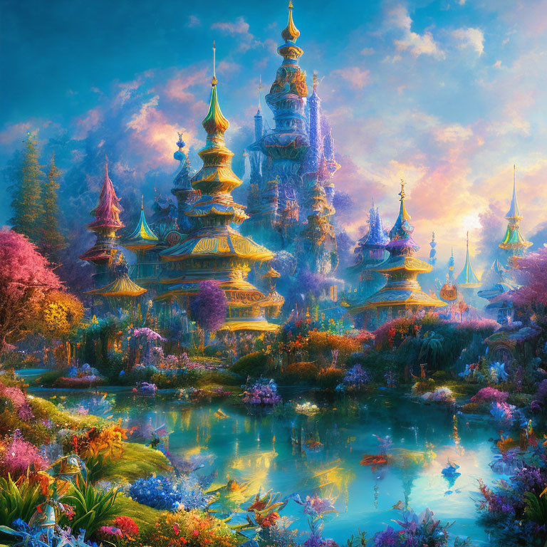 Colorful fantasy landscape with ornate towers, lush foliage, and tranquil river