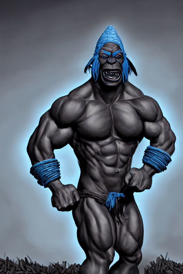 Blue-skinned muscular character in spiked headpiece and wristbands on grey background