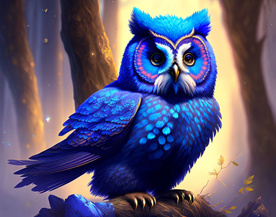 Colorful Blue Owl with Orange Eyes Perched in Enchanted Forest