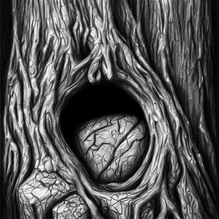 Monochrome pencil sketch of gnarled tree with eye-like hollow and textured bark.