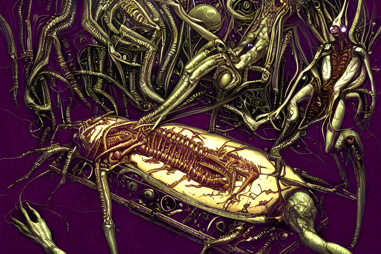 Detailed biomechanical art: Alien creatures with skeletal and robotic features in gold and purple.