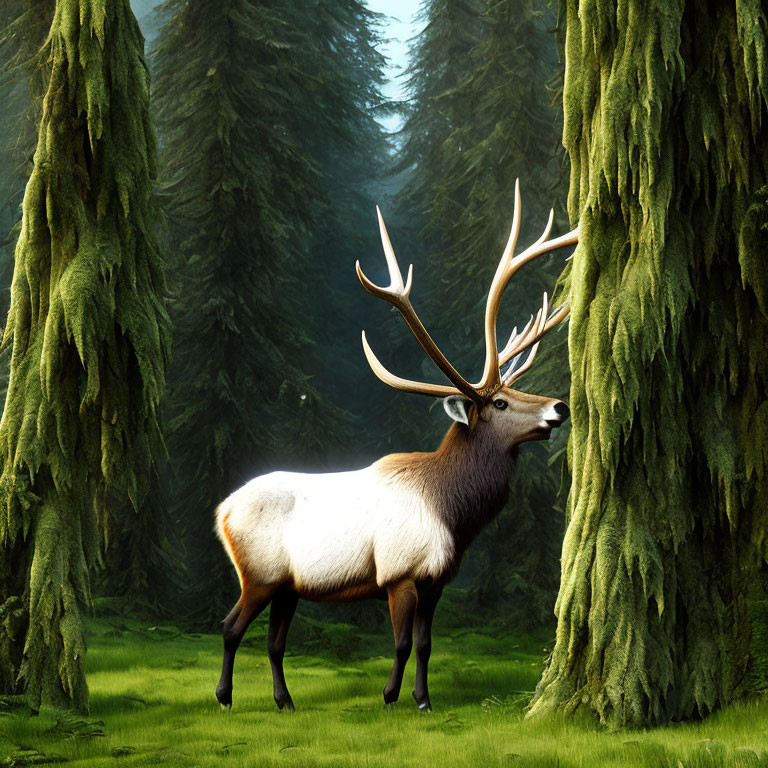 Majestic elk in sunlit forest clearing surrounded by moss-covered trees