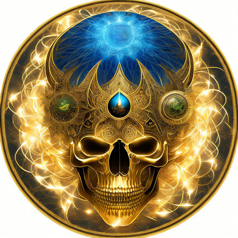 Golden skull with blue mandala and water drop in digital artwork