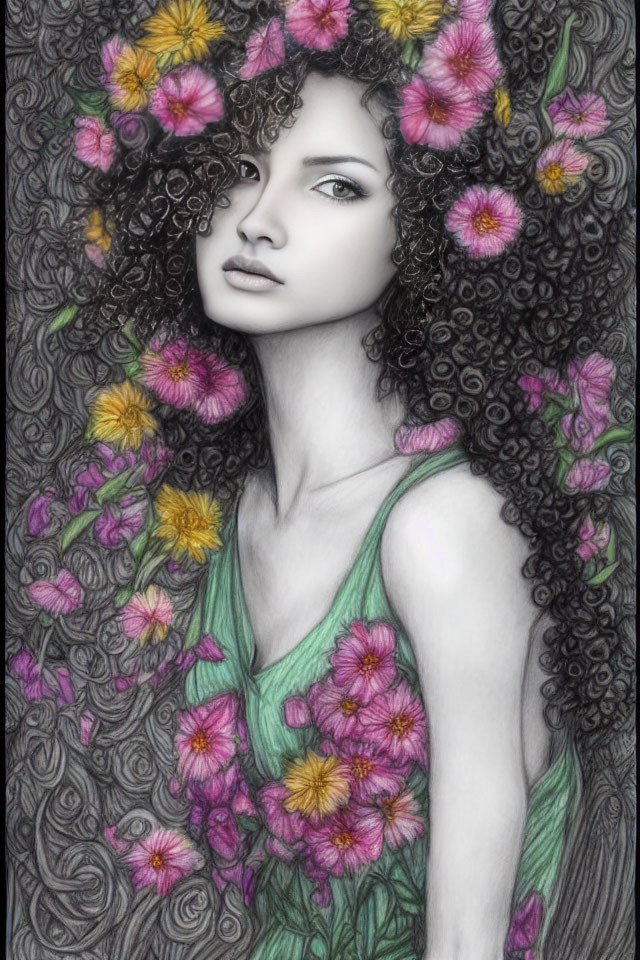 Illustration of woman with curly hair, floral hair adornments, green dress, contemplative gaze