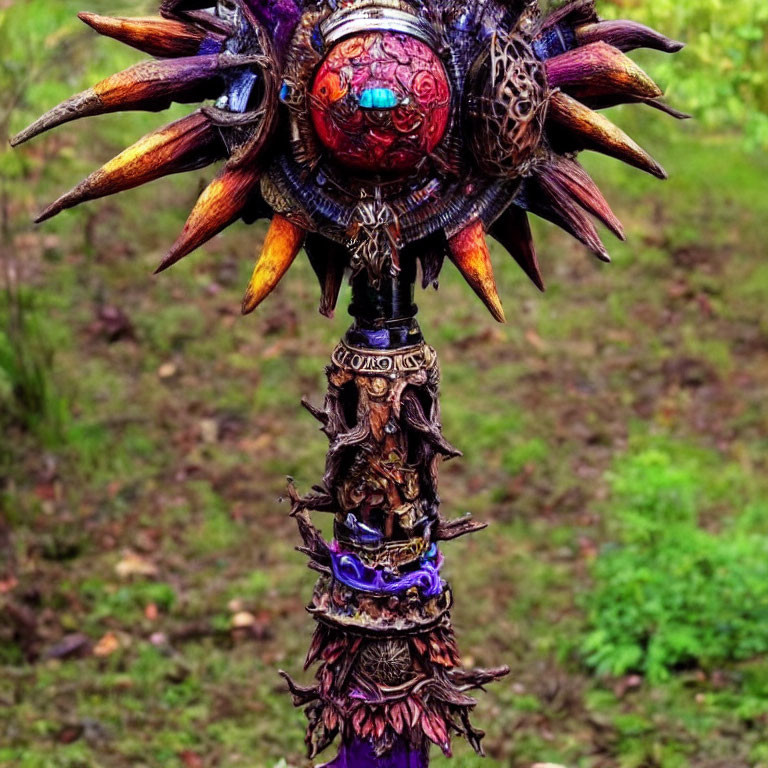 Detailed Fantasy Mace with Spike-Studded Head and Purple Gems