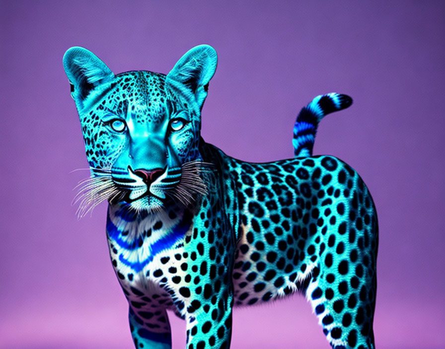 Vividly colored leopard with bright blue fur and dark spots on purple background