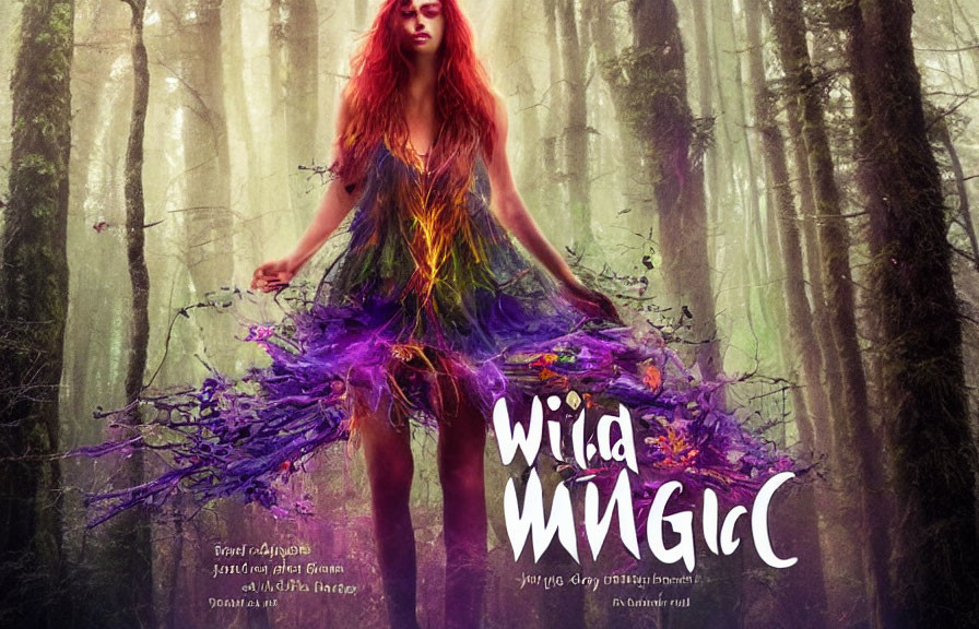 Vibrant woman in flowing dress in misty forest with "Wild Magic" text.