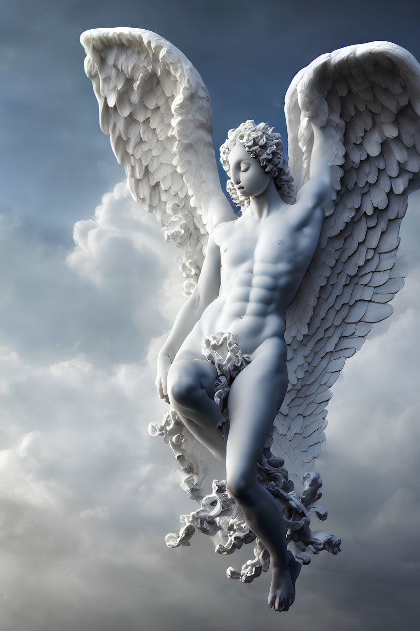 Winged male figure resembling a classical statue in the clouds