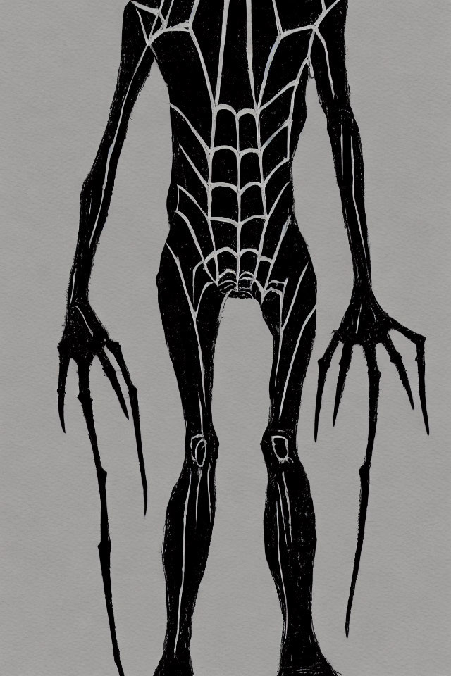 Monochrome illustration of slender humanoid with elongated limbs and spiderweb patterns