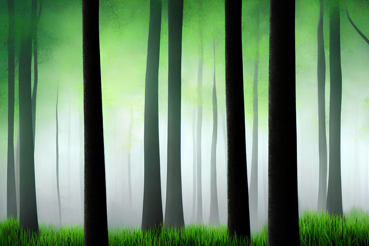 Mystical green forest with tall dark trunks and soft mist