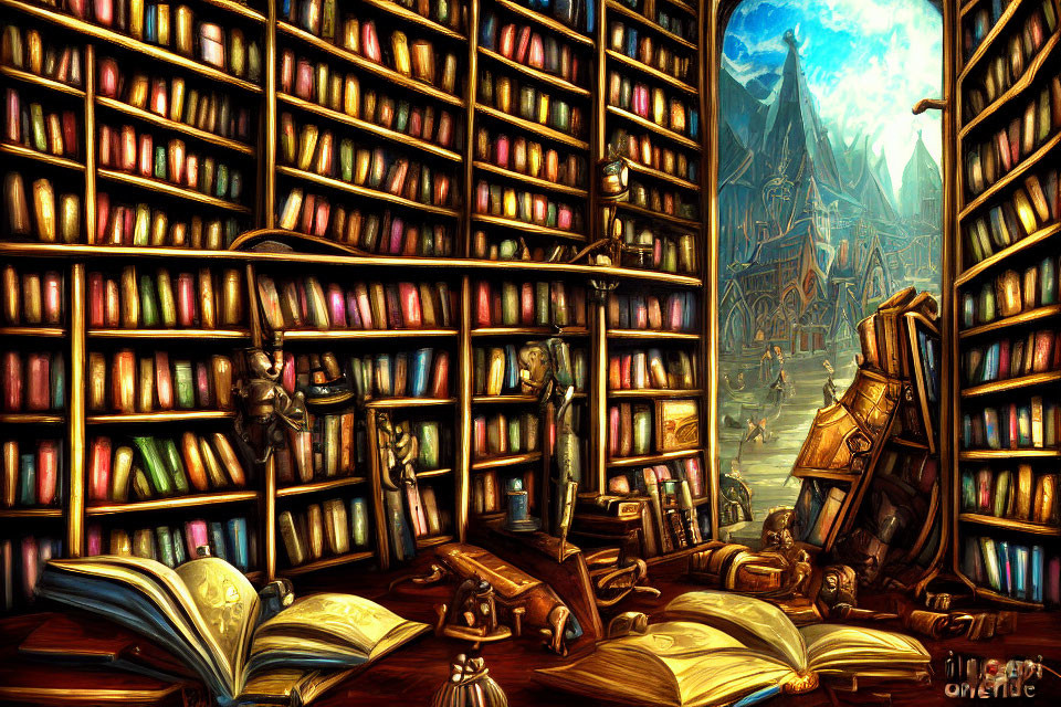 Enchanting library with towering bookshelves and magical castle view