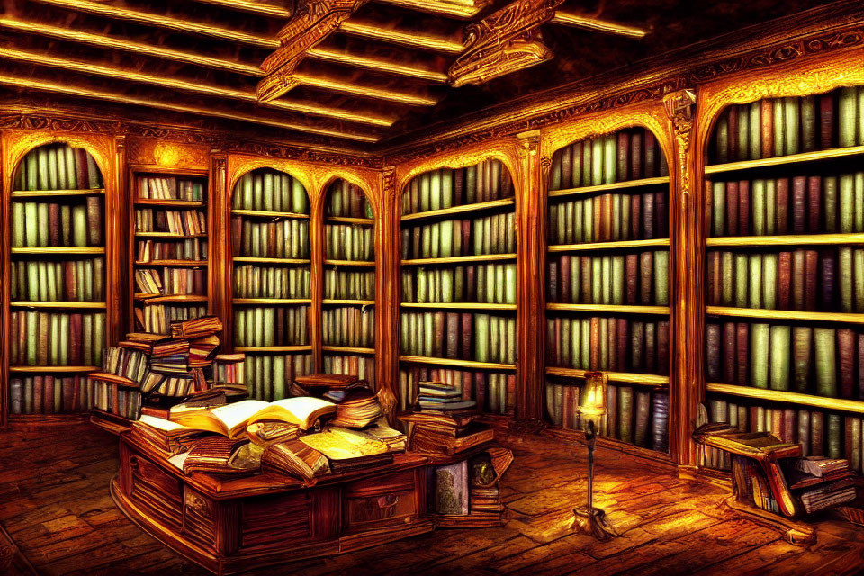 Warm-lit library with wooden bookshelves, reading table, and brass lamp