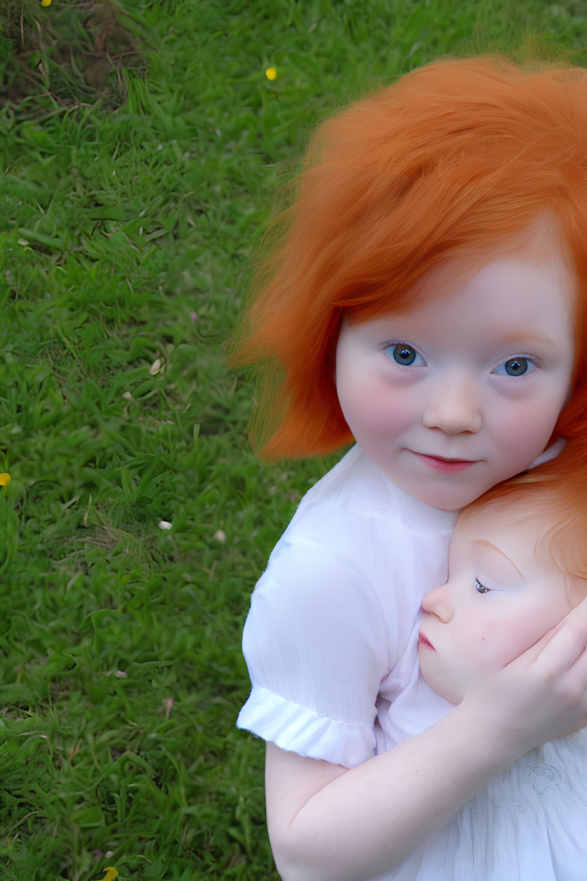 Child with Orange Hair and Blue Eyes Holding Doll on Grass with Dandelions