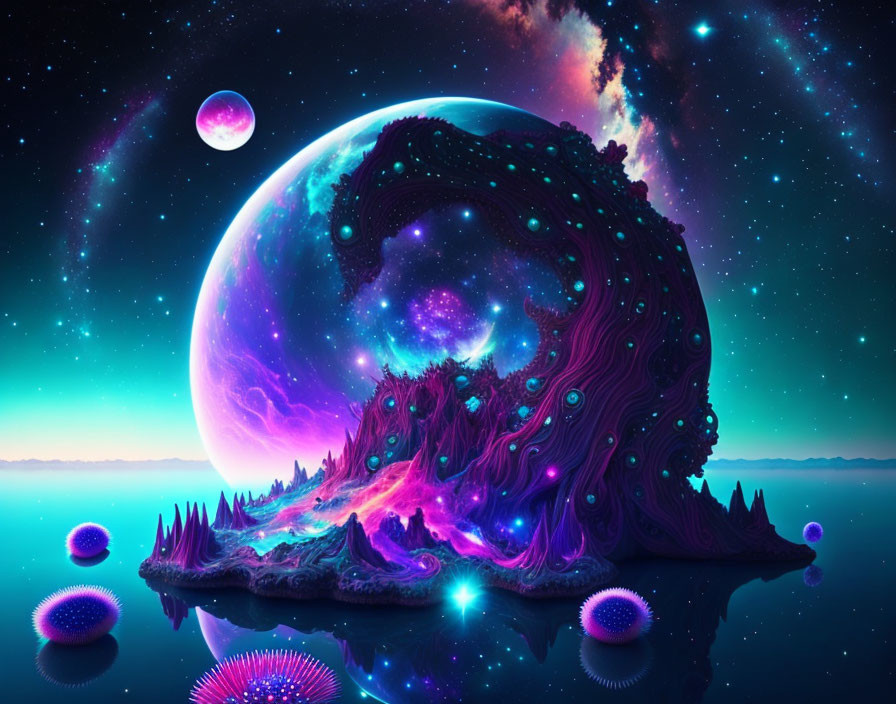 Surreal digital artwork: Vibrant landscape with wave structure, glowing orbs, cosmic sky.