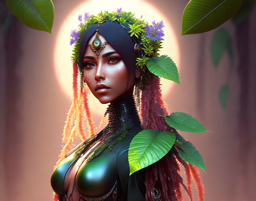 Digital portrait of woman with plant-inspired features and floral crown.