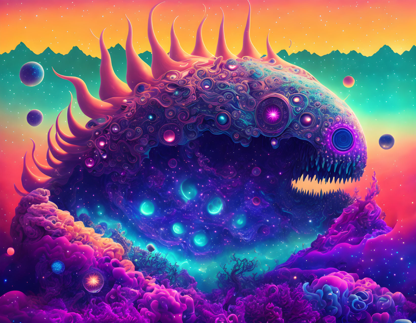 Colorful psychedelic fish-like creature in alien landscape