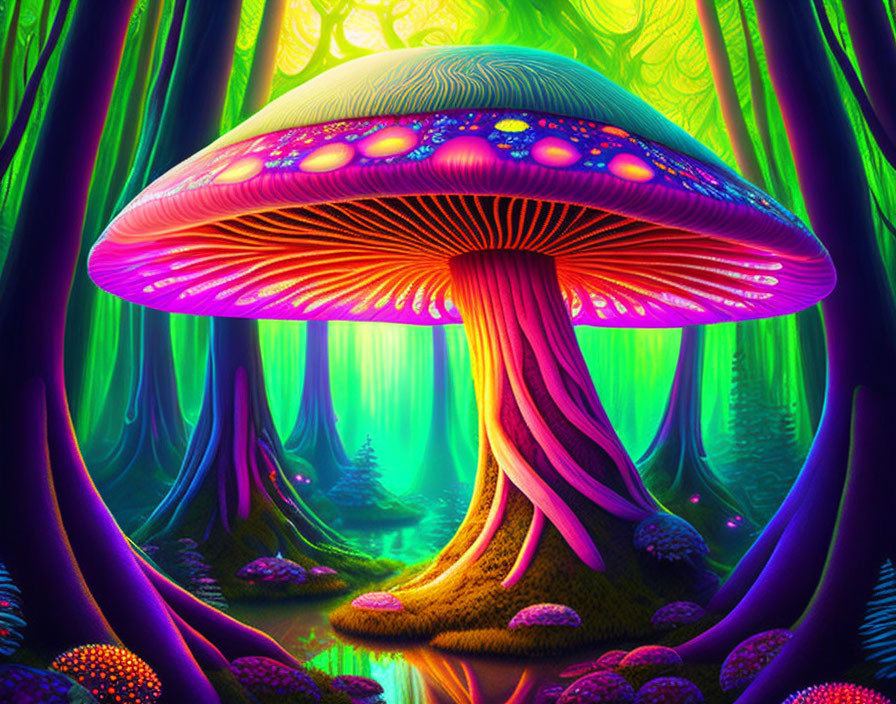 Colorful neon-lit mushroom in enchanted forest setting