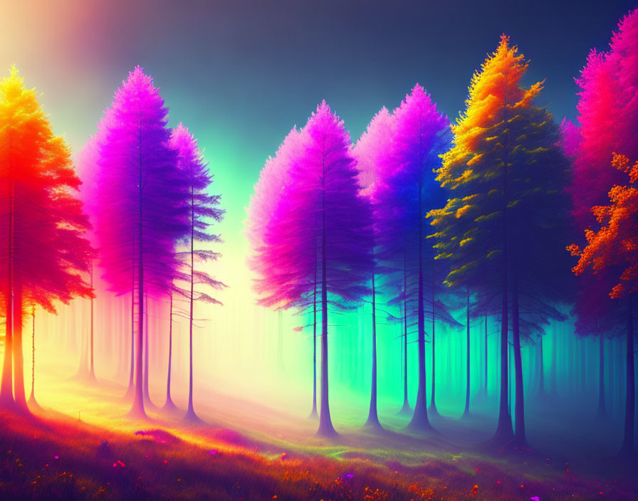 Vibrant surreal forest with gradient colored trees in misty setting