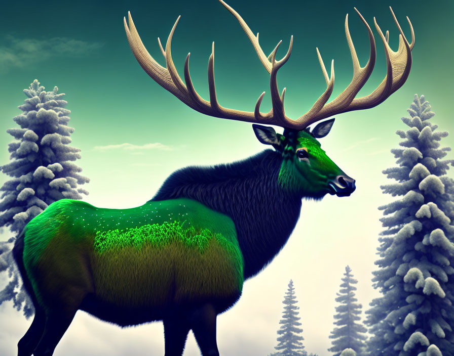 Majestic stag with large antlers in snowy forest scene