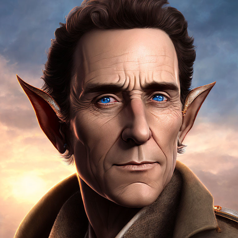 Detailed Male Character Illustration with Pointed Ears and Deep Blue Eyes