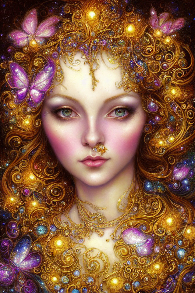 Portrait of woman with golden curly hair, purple butterflies, gold jewelry, gemstones