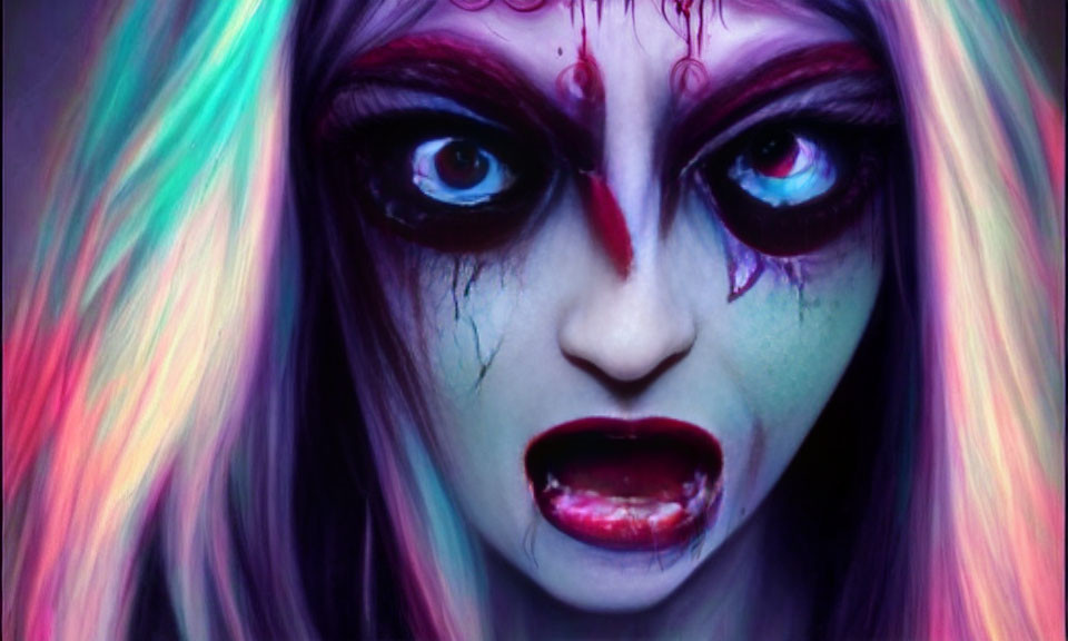 Exaggerated horror makeup with dark eye circles and rainbow hair