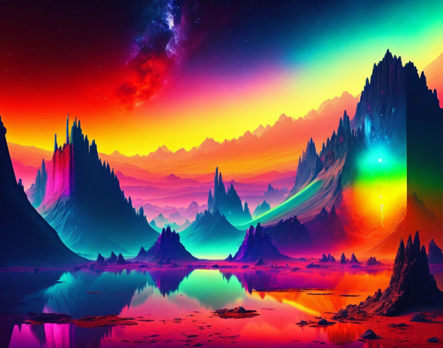 Vivid neon landscape with starry night sky and mountain peaks