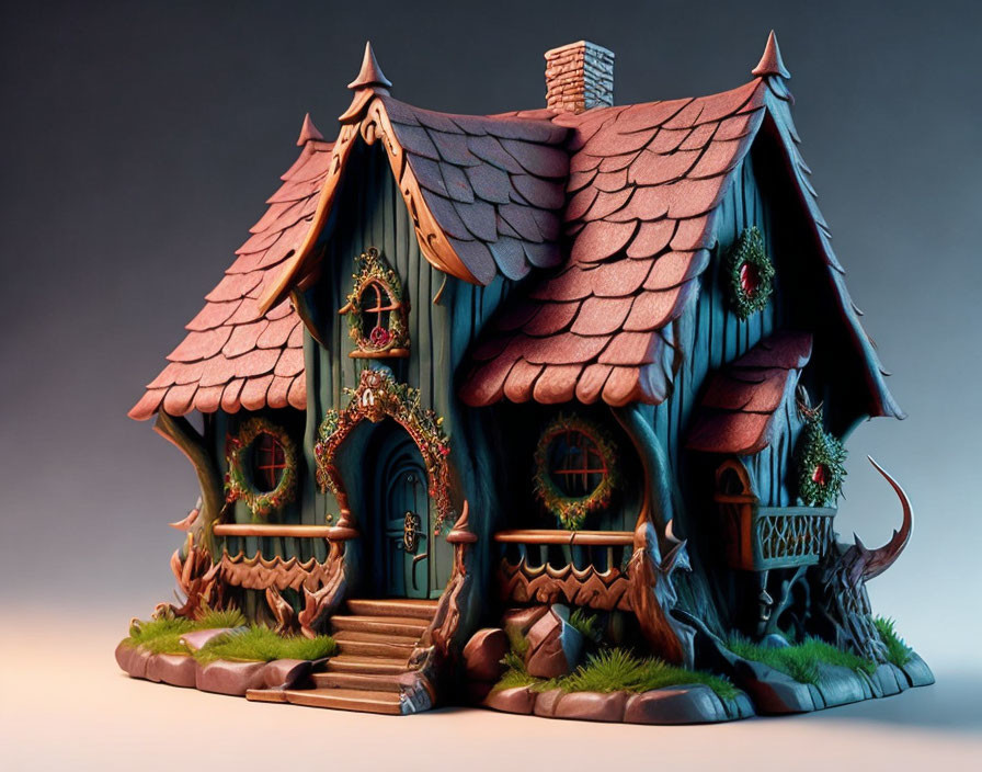 Fantasy Cottage Model with Vibrant Colors and Exaggerated Proportions