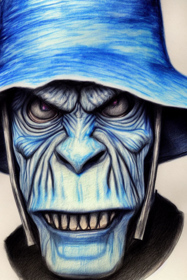 Menacing blue creature with red eyes and sharp teeth wearing a blue hat