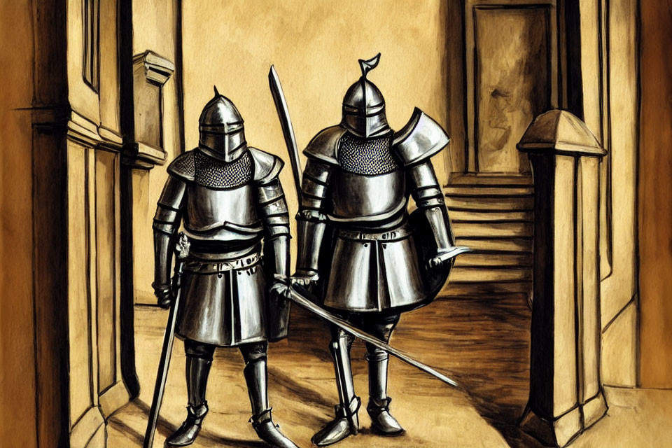 Armored knights with sword and spear guard castle corridor