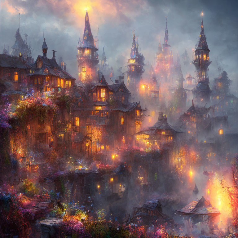 Mystical Village with Towering Spires and Twilight Mist