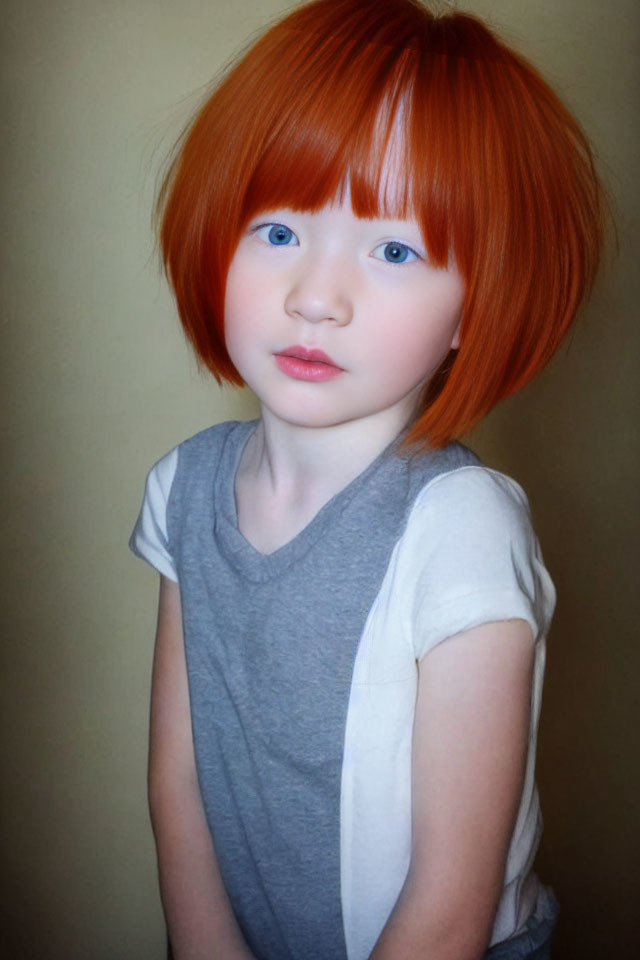 Young child with blue eyes and orange bob cut hair in gray shirt