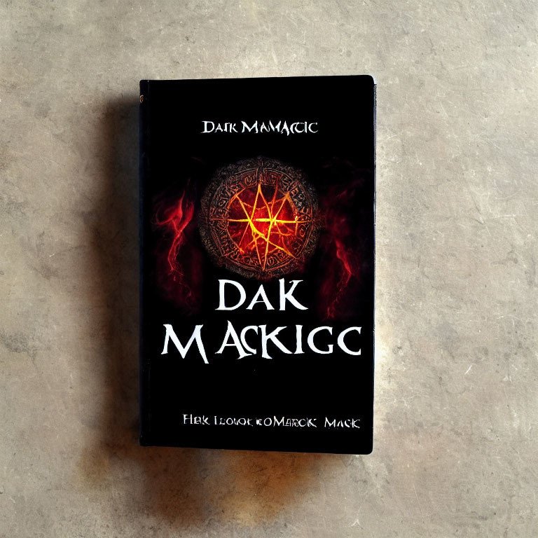 Black Book "Dark Magick" with Fiery Symbols on Stone Background