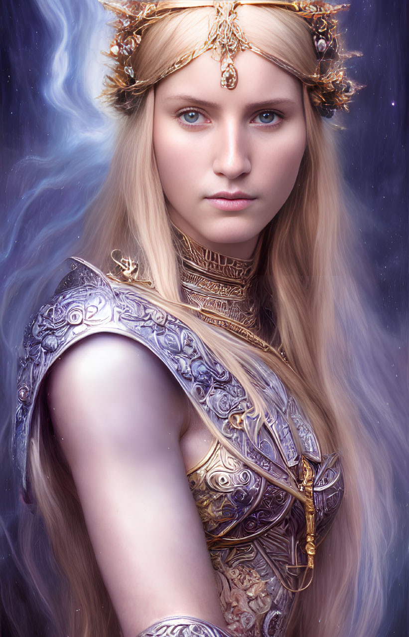 Blonde Woman in Golden Armor and Headpiece on Cosmic Background