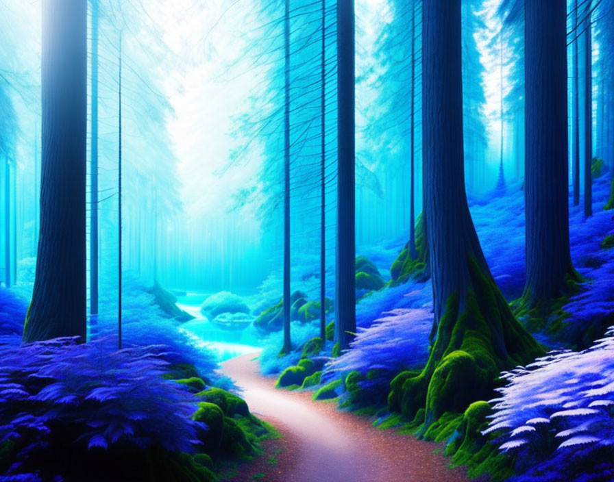 Mystical forest with blue and purple foliage and dreamy blue fog