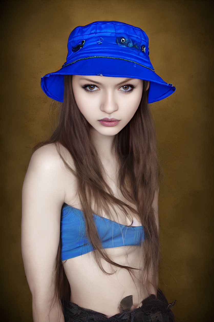 Woman with Long Brown Hair in Blue Bucket Hat and Strapless Top on Sepia Background