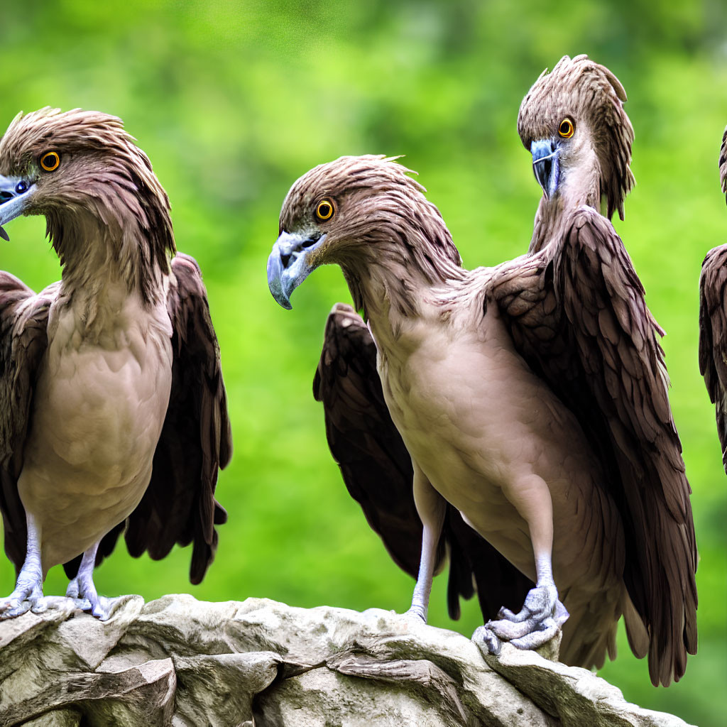 Three Brown Birds with Striking Yellow Eyes Perched on Rock