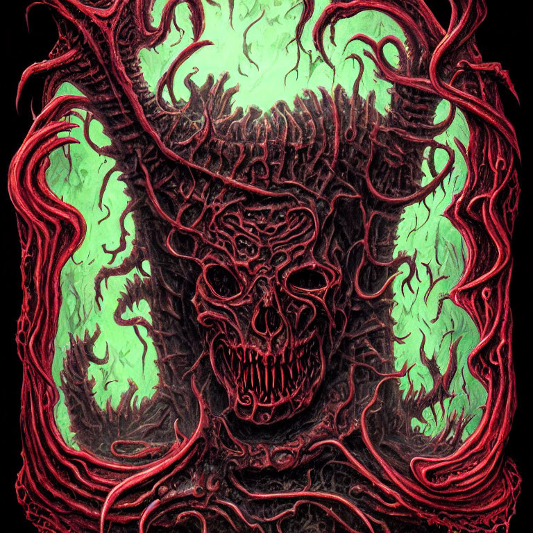 Detailed skull illustration with red tendrils on green backdrop