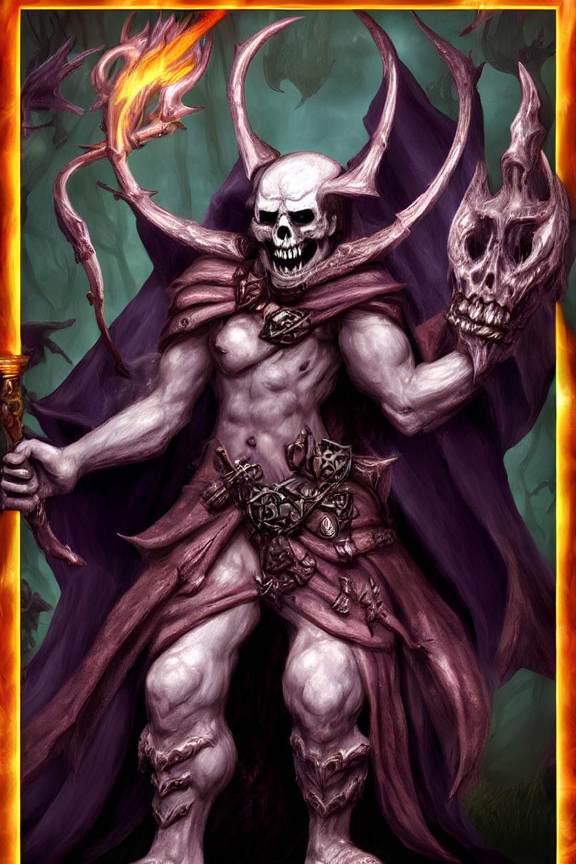 Sinister skeletal figure with flaming weapon and purple cloak - dark and magical presence