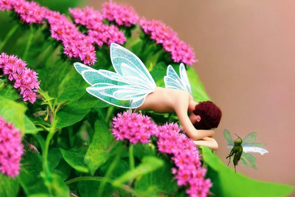 Translucent-winged fairy figurine with maroon hair and bee on pink flowers